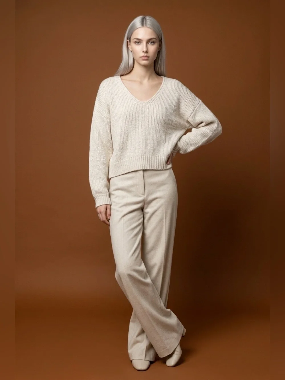 Free People Cream V-Neck Knit Pullover